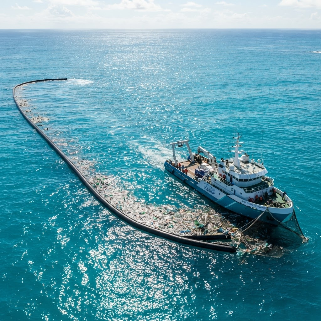 A cleanup vessel towing a floating barrier that collects ocean plastic